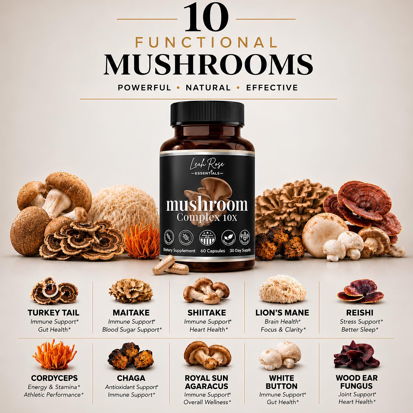 Leah Rose Essentials Mushroom Complex Supplement 10-in-1 Capsules, 60 Count