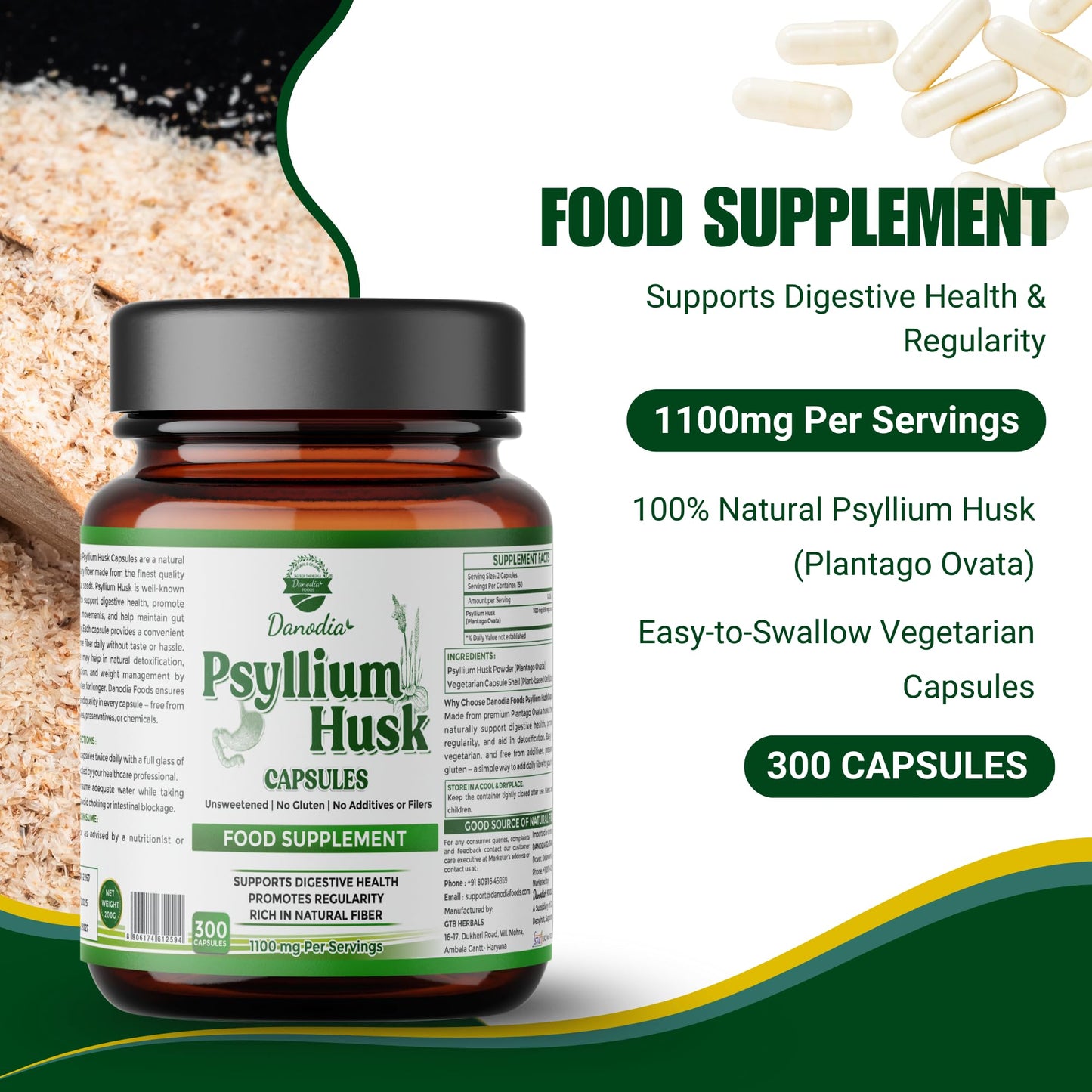 Danodia Foods Psyllium Husk Capsules 300 Count