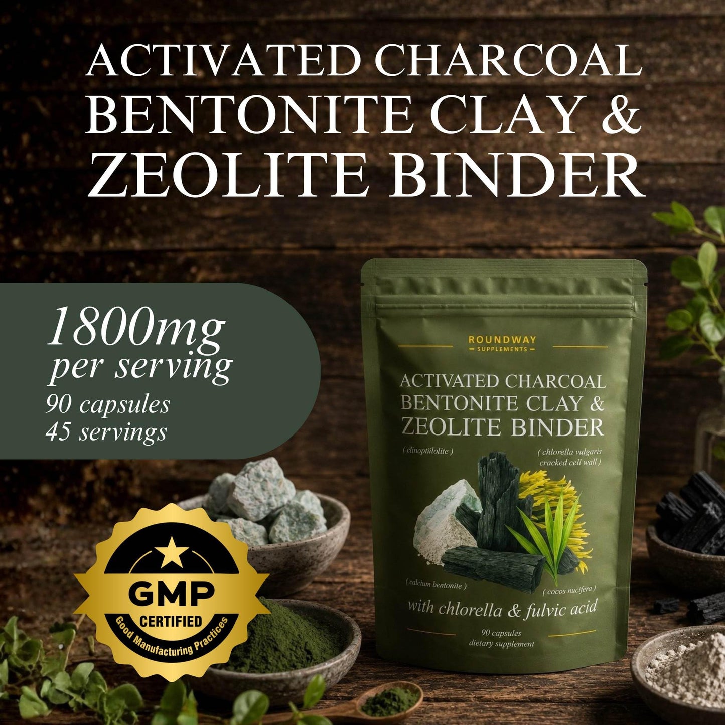 Roundway Supplements Zeolite Binder for Cleanse & Detox Protocols with Activated Charcoal, Bentonite Clay, Chlorella & Fulvic Acid Advanced Full Spectrum Binder, 90 Capsules