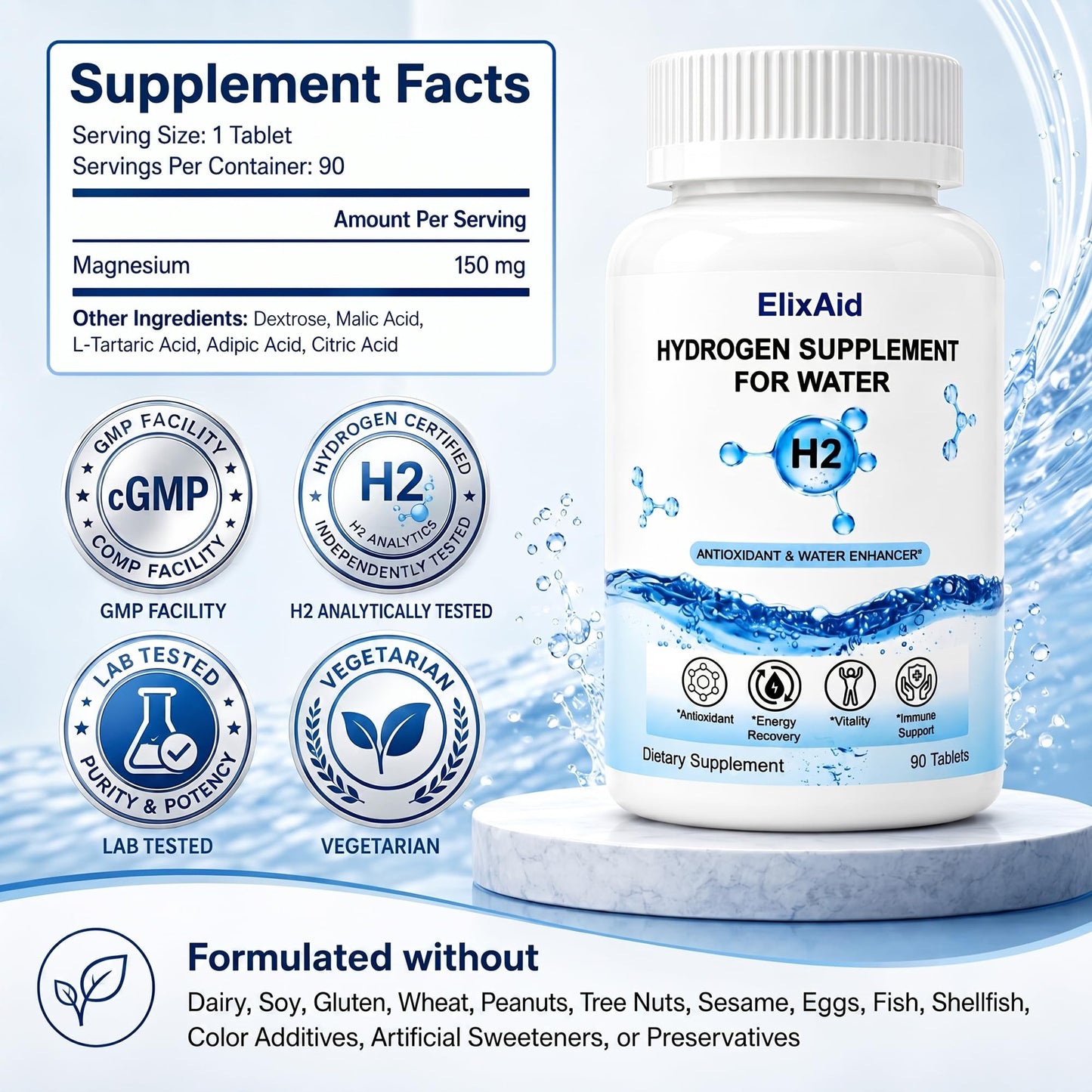 ElixAid Hydrogen Tablets for Water – Effervescent Molecular Hydrogen Supplement Tablet, 90 Count