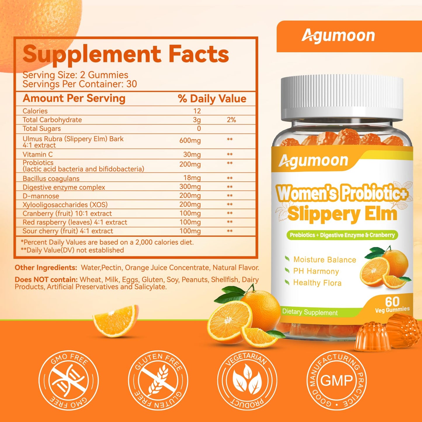 Agumoon Probiotic Gummies with Cranberry, Slippery Elm for Women, 60 Count