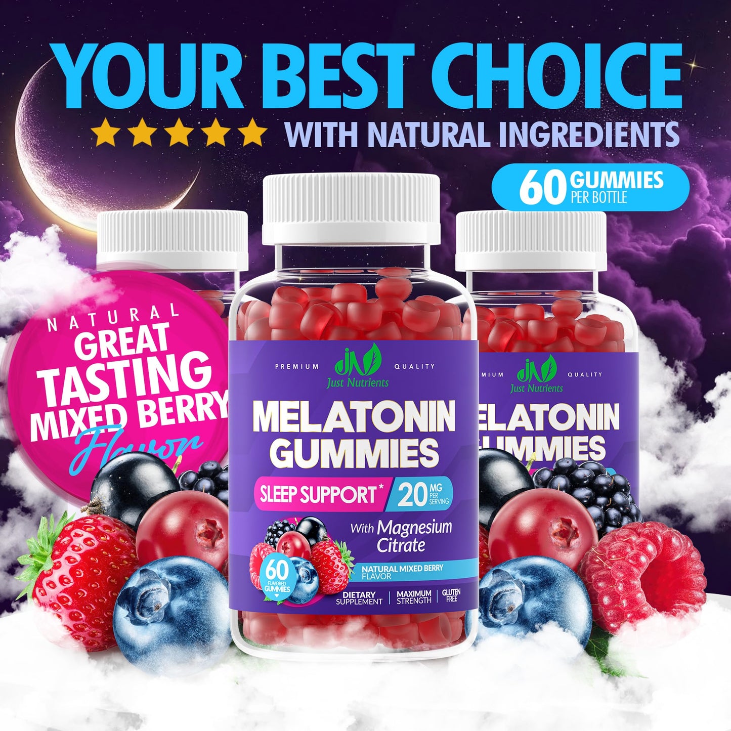 Just Nutrients Melatonin Gummies with Magnesium Citrate, 60 Gummies