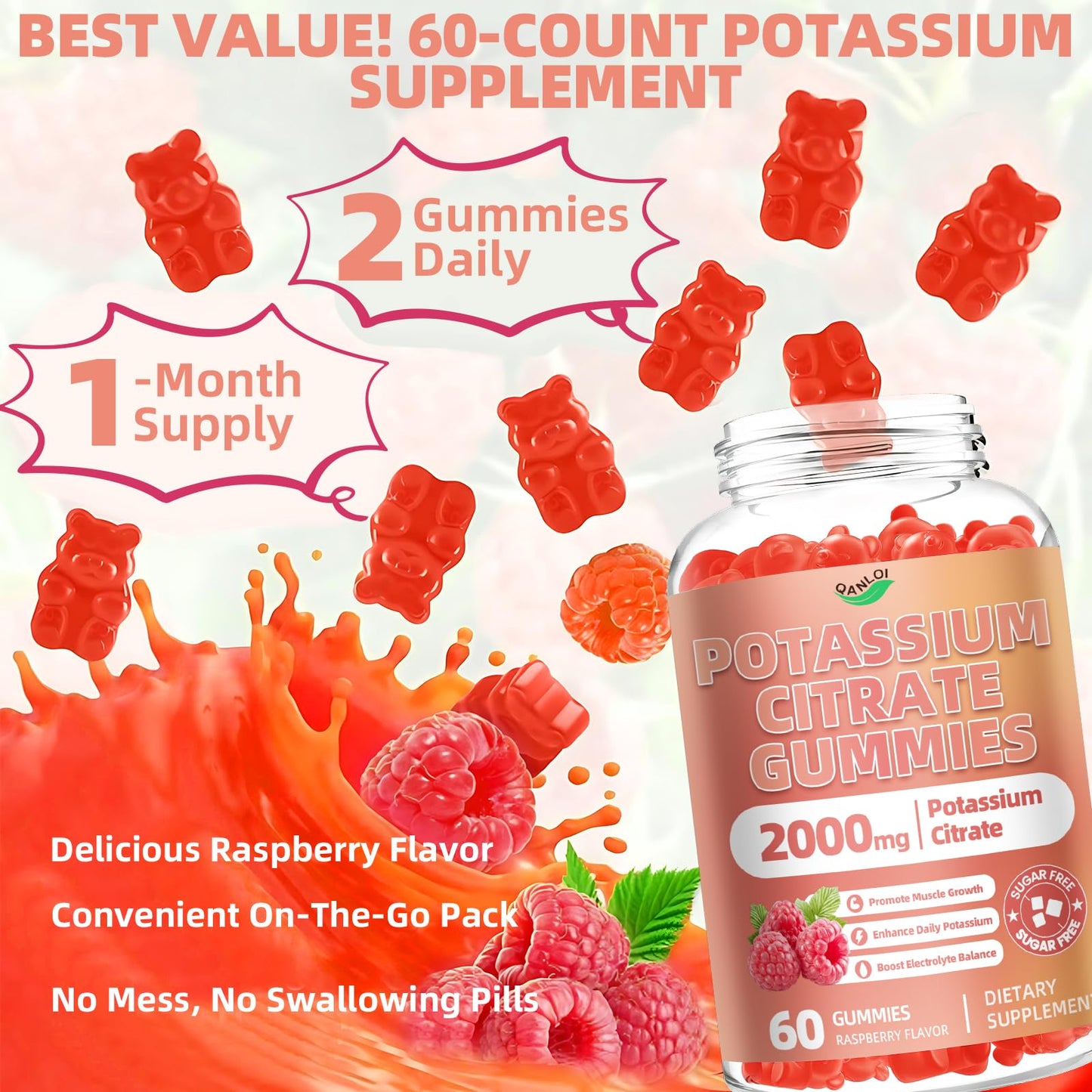 QANLOI Potassium Citrate 2000mg Potassium Gummies for Adults 120 Count