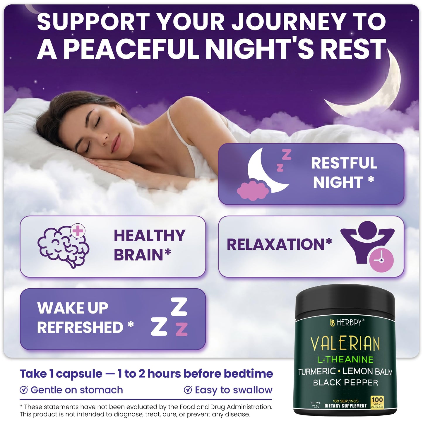 Herbpy 5in1 Valerian Root Capsules with L-Theanine, Lemon Balm, Turmeric & Black Pepper, 100 Count