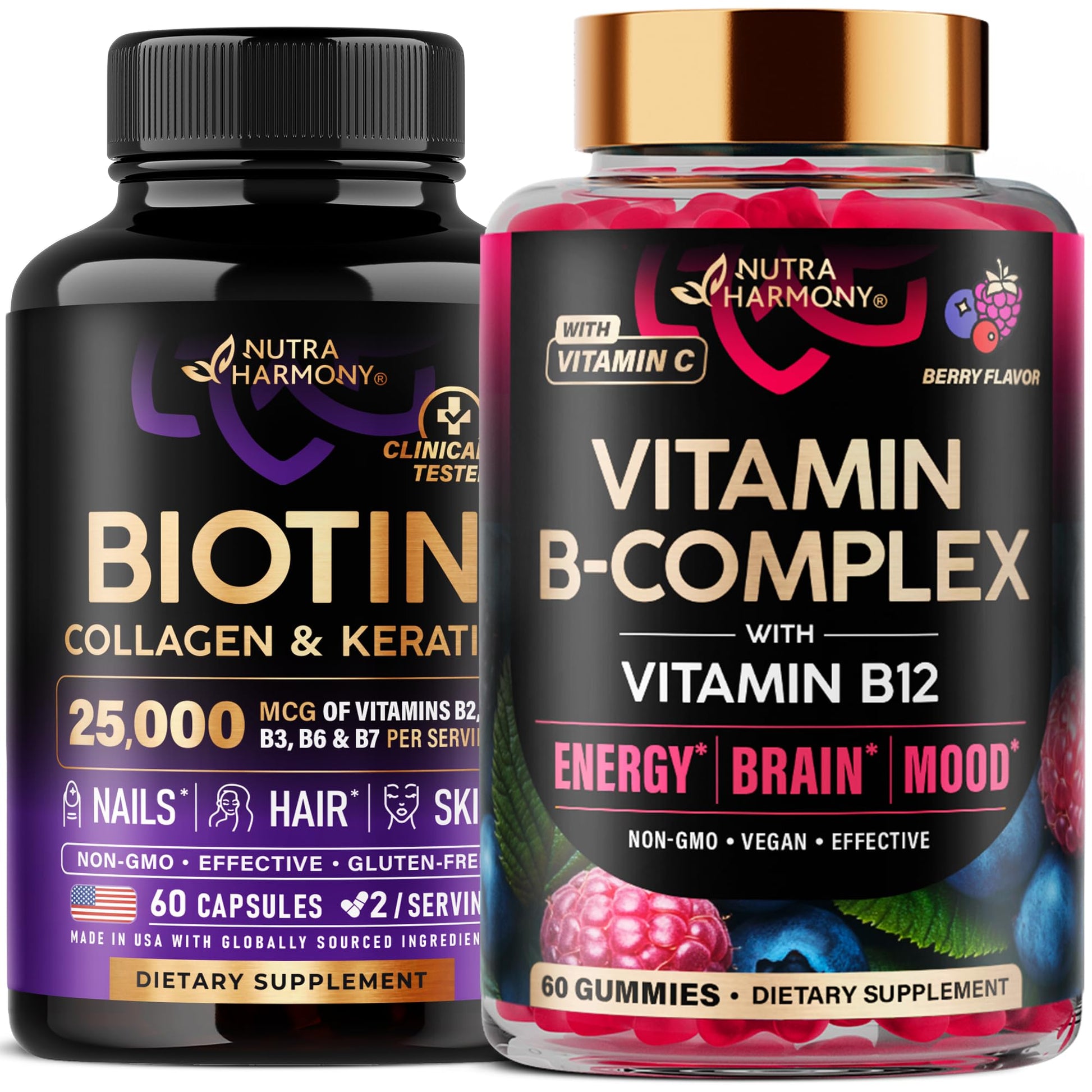 NUTRAHARMONY Biotin, Collagen, Keratin Capsules & Vitamin B-Complex Gummies, 120 Count