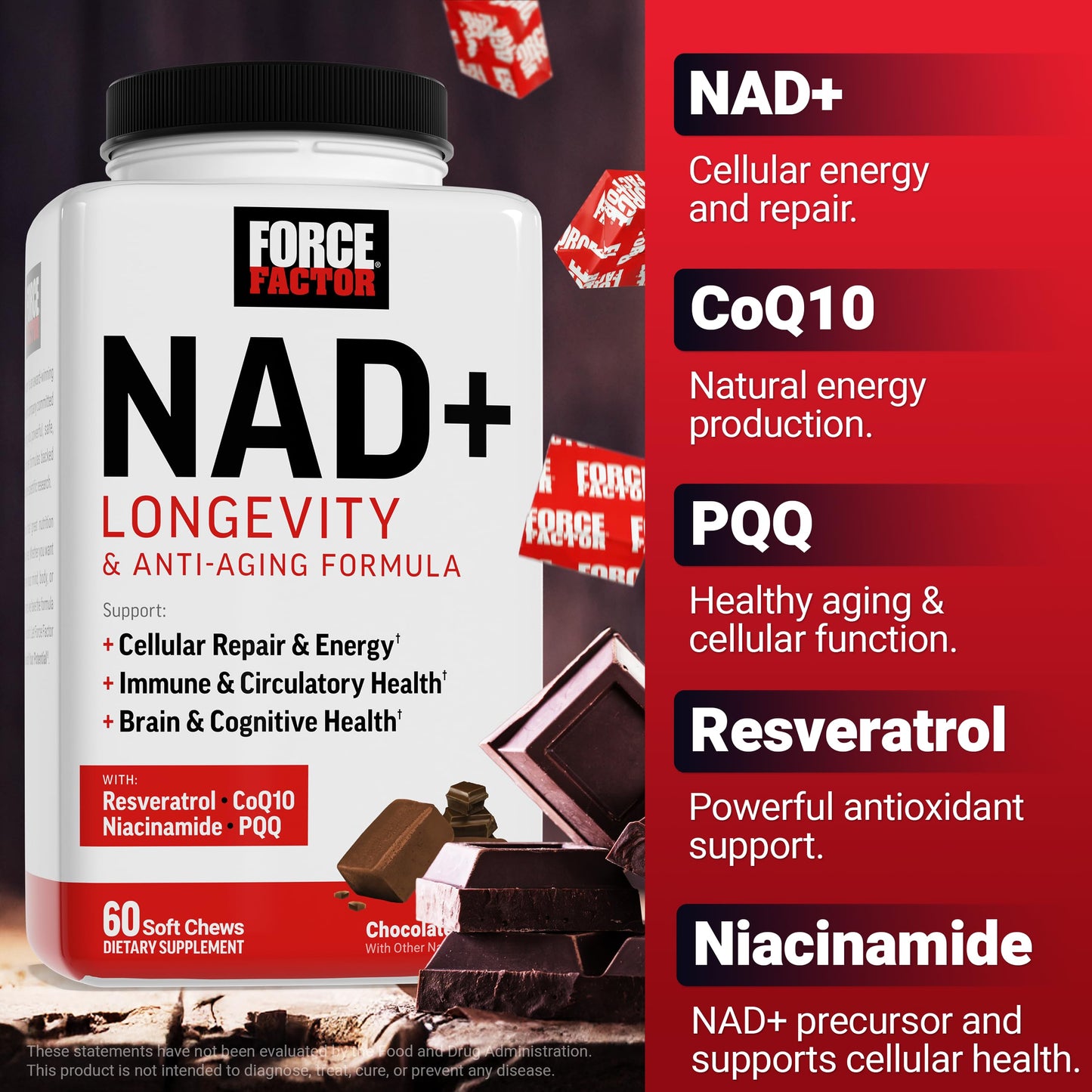 Force Factor NAD+ Longevity, Support Cellular Energy & Repair, Anti-Aging Formula with Antioxidant Support, Promote Brain & Cognitive Health Soft Chews 60 Count