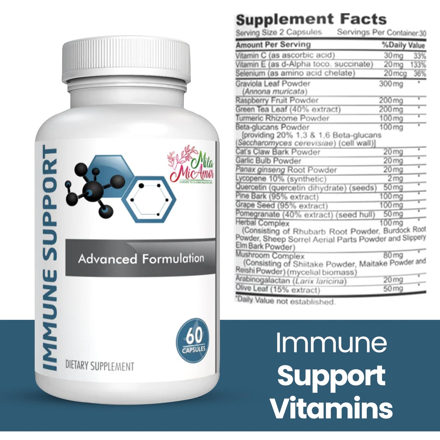 Mila Miamor Immune Support Supplement with Vitamins C, E, Minerals & Herbal Complex – Antioxidant & Detox Support, 60 Capsules