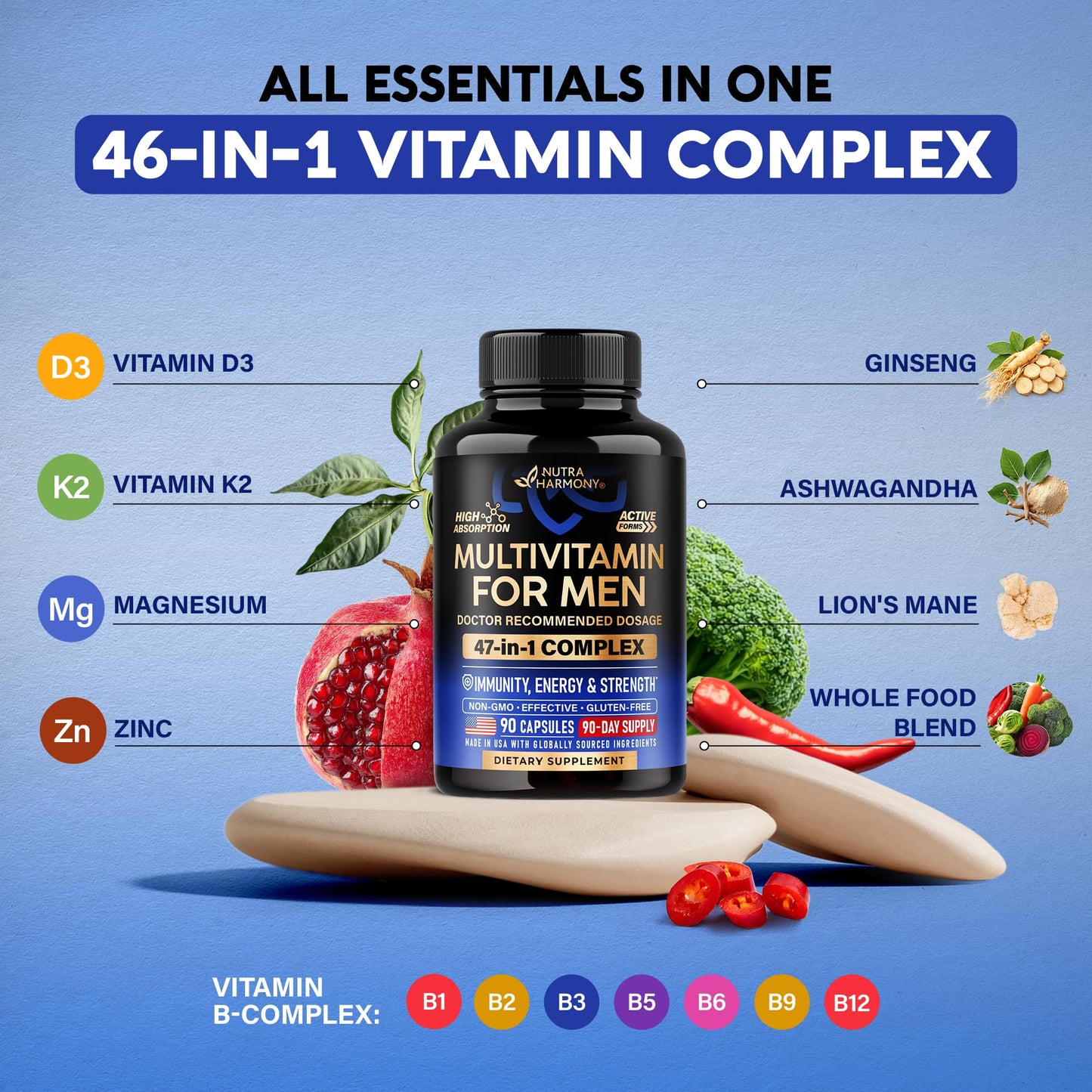 NUTRAHARMONY Multivitamin for Men - B-Complex Capsules, 90 Count
