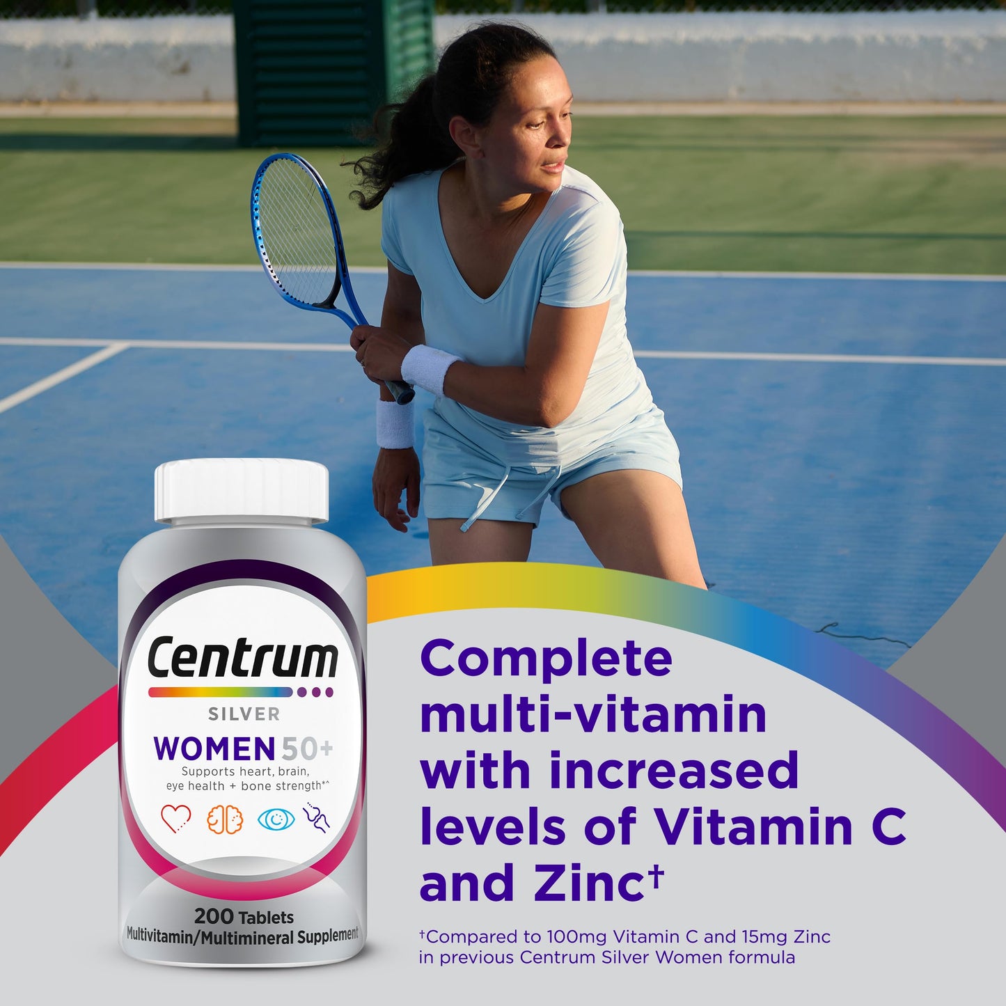 Centrum Silver Women's Multivitamin for Women 50 Plus, Multivitamin/Multimineral Supplement with Vitamin D3 and B Vitamins, Non-GMO Ingredients, Supports Memory and Cognition in Older Adults, 200 Tablets