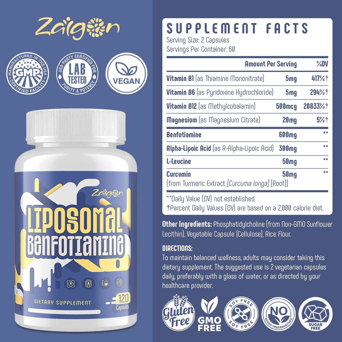 Zaigon Benfotiamine Thiamine Vitamin B1 Supplement, Vegan Capsules, 240 Count