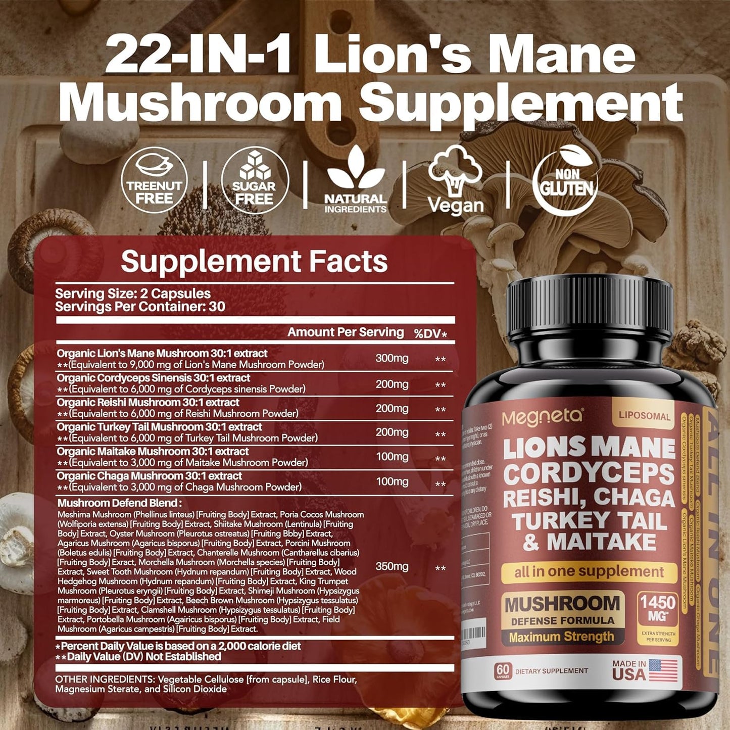 MEGNETA 22 in 1 Multi Mushrooms Capsules, Lions Mane Cordyceps Sinensis Reishi Mushroom Turkey Tail Mushroom, 180 Capsules