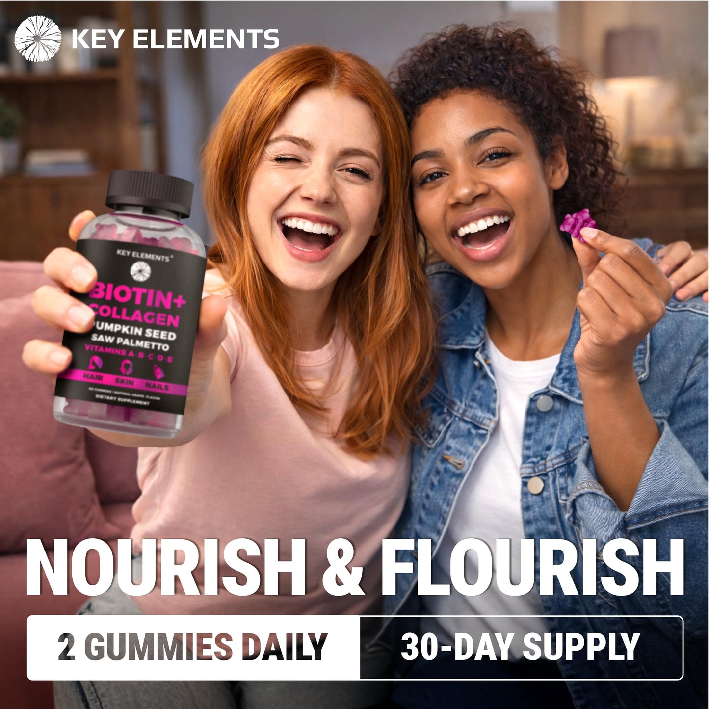 KEY ELEMENTS Hair Skin and Nails 10000mcg Biotin & Collagen, Gummy, 60 Count