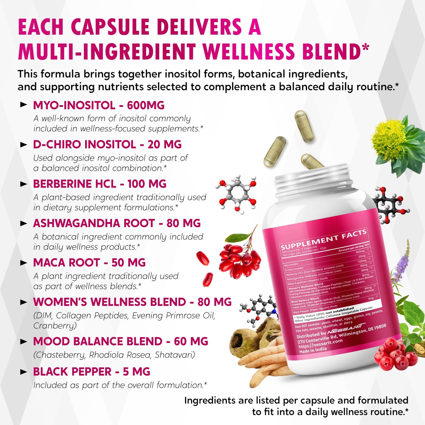NESSARIT Myo-Inositol, D-Chiro Inositol, Berberine, Ashwagandha & Maca Capsules 150