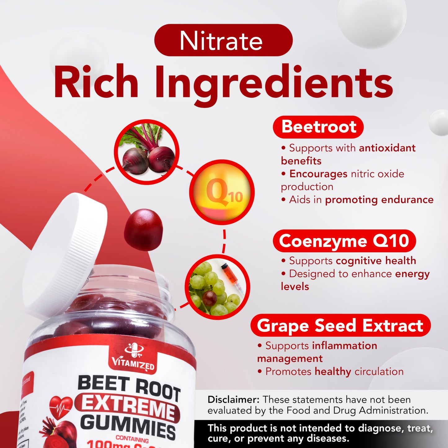 VITAMIZED Extreme Beetroot Formula & COQ10 100mg with Grape Seed Extract Gummies 60 Count