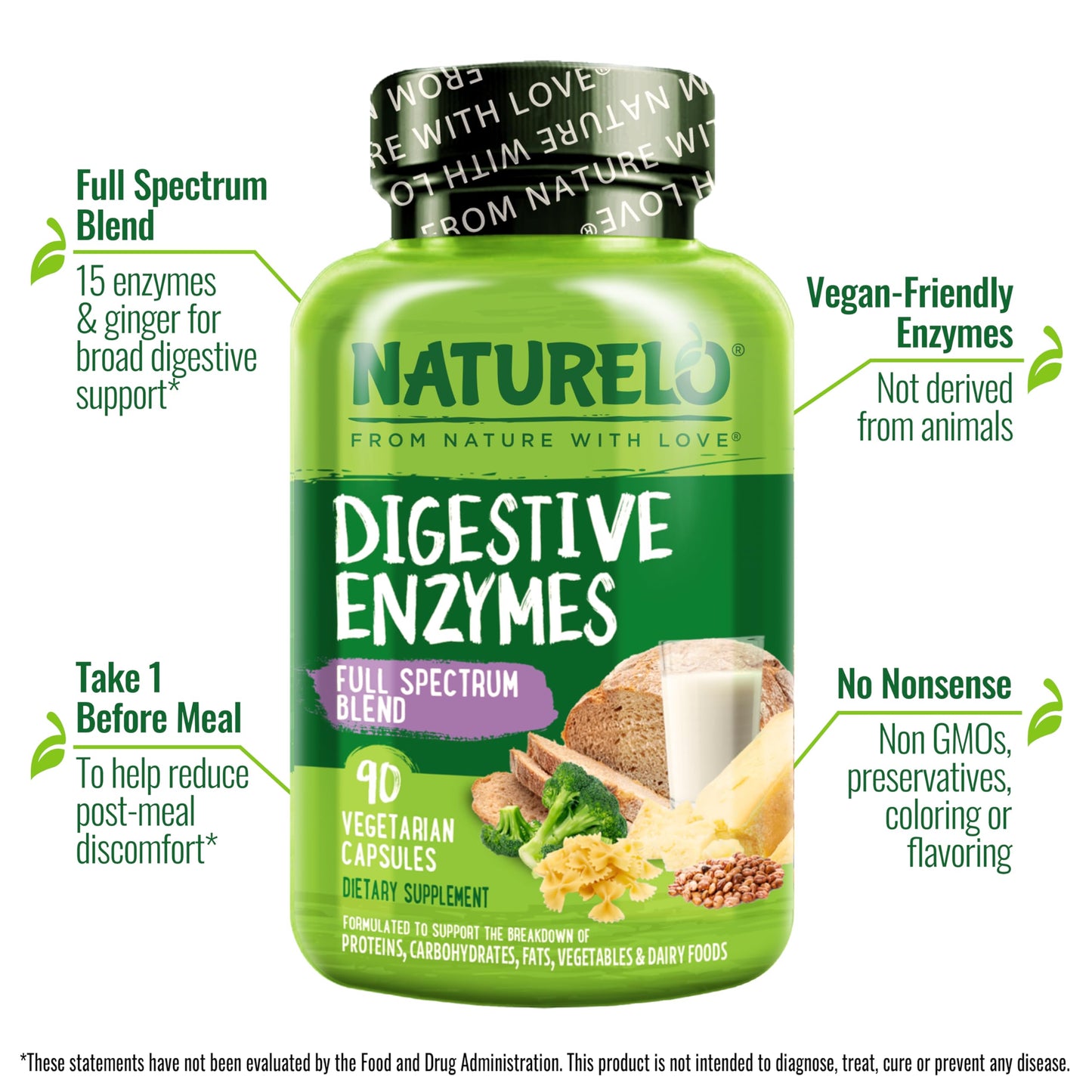 NATURELO Digestive Enzymes - Full Spectrum Support with a Broad Blend of 15 Enzymes Plus Ginger, 90 Capsules