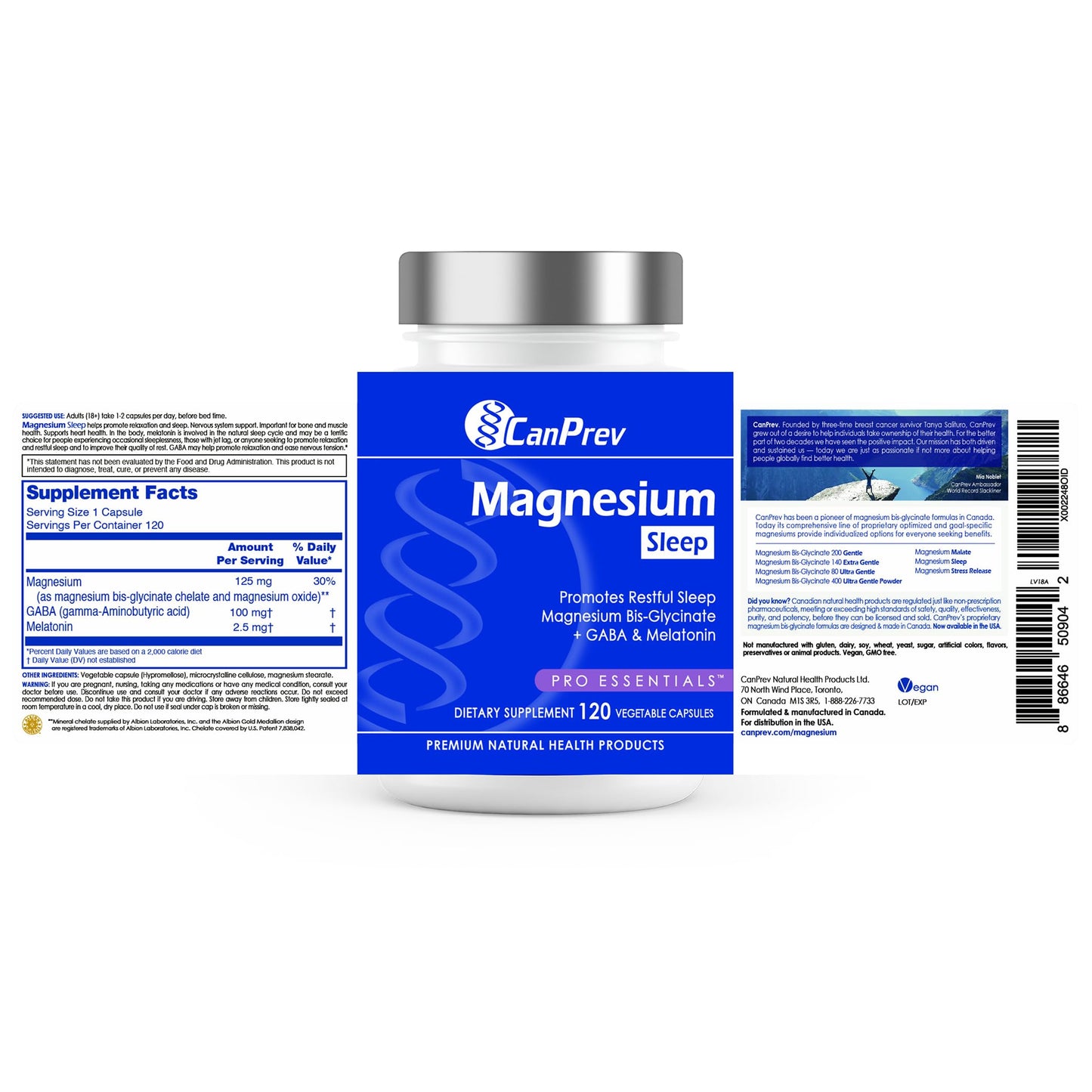 CanPrev Magnesium Bisglycinate Chelated + GABA & Melatonin Capsules, 120 Capsules