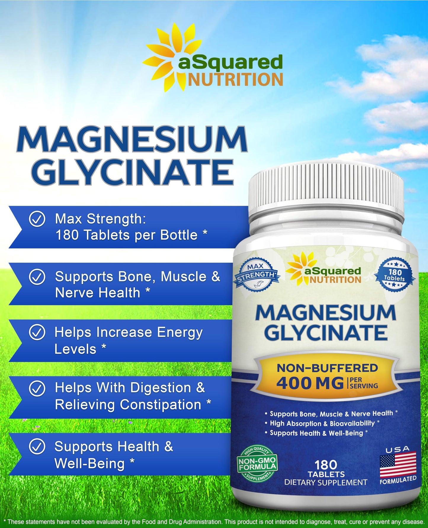 aSquared Nutrition Magnesium Glycinate 400mg Tablets 180 Count