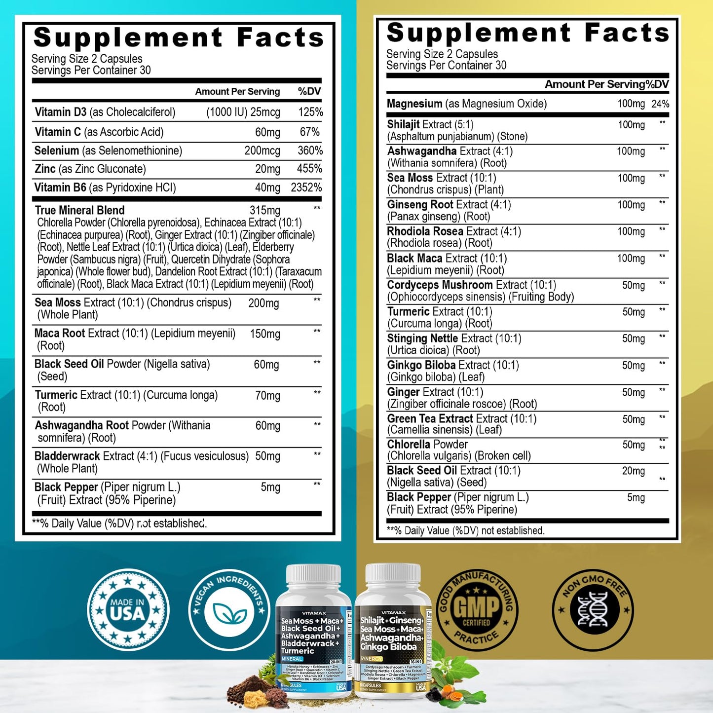 Vitamax Pure Himalayan Shilajit Supplement with Sea Moss, Ashwagandha, Bladderwrack, Ginkgo Biloba, Organic Capsules & Trace Minerals - Non-GMO - Vegan - Made in USA - 120 Capsules