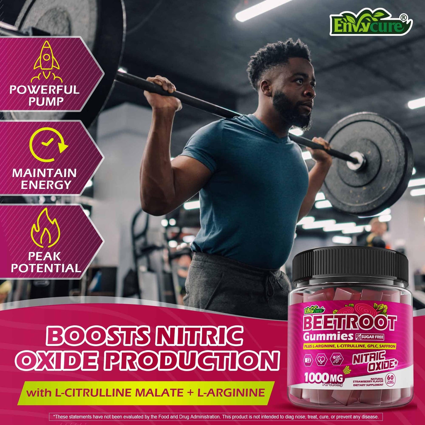 EnvyCure Beet Root Gummies with L-Citrulline & L-Arginine for Nitric Oxide Support, Sugar Free, Vegan, 120 Gummies