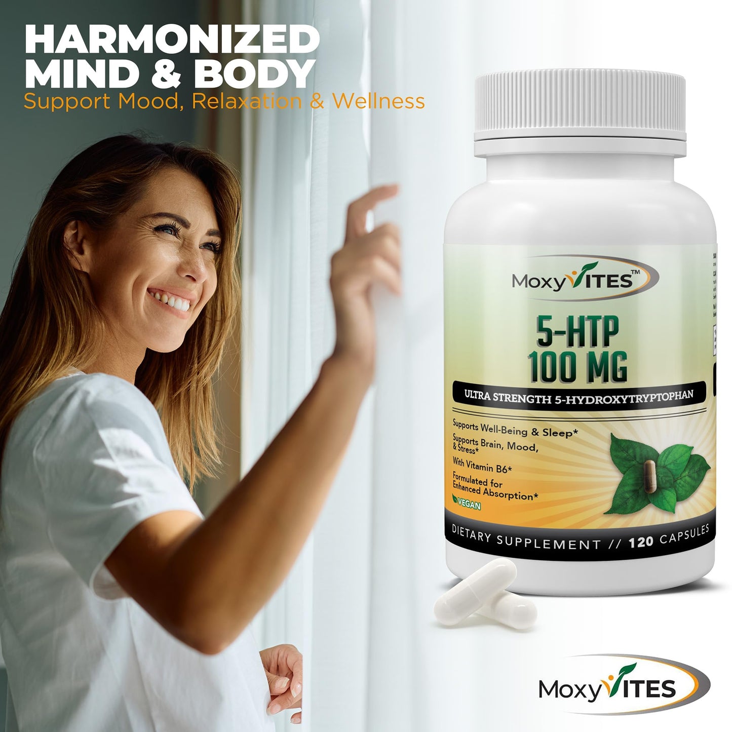 MoxyVites 5HTP 100mg Supplement with B6, Organic Whole Food, Non-GMO, 120 Vegan Capsules
