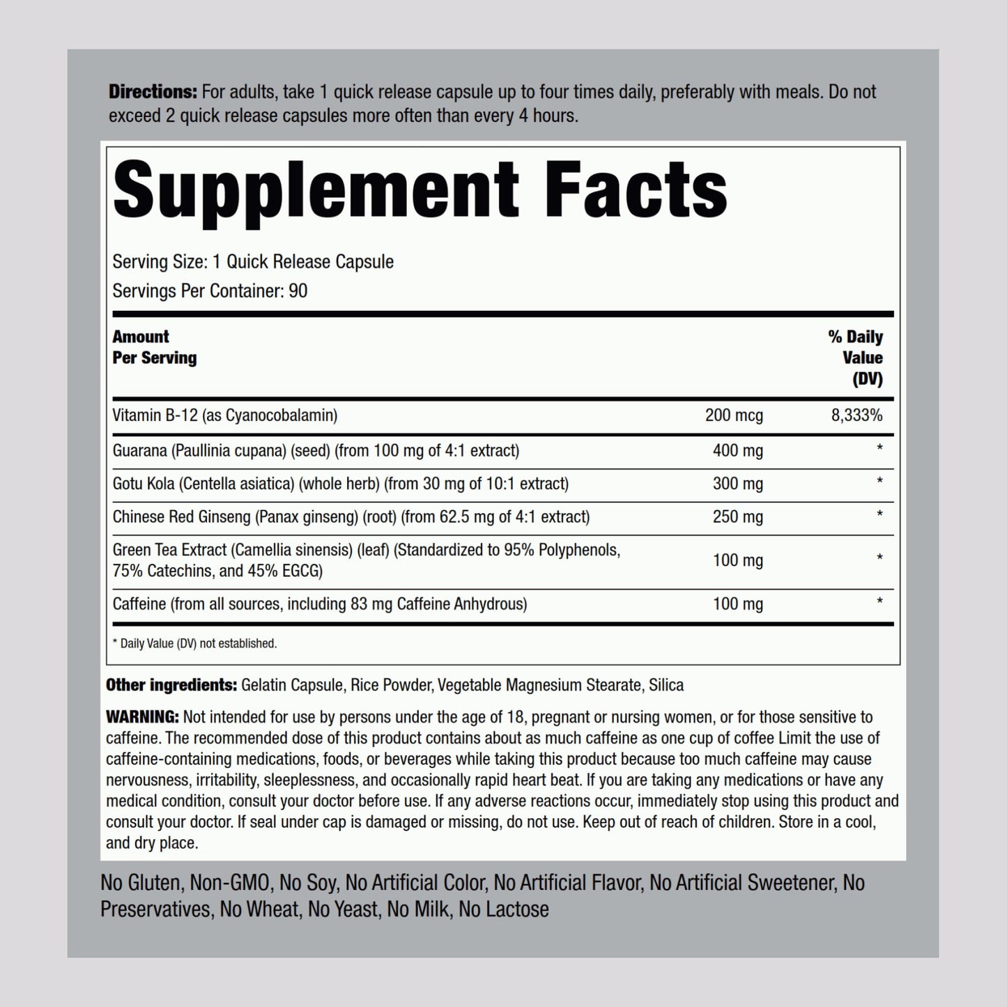 Piping Rock Energy Supplement with Caffeine 90 Capsules