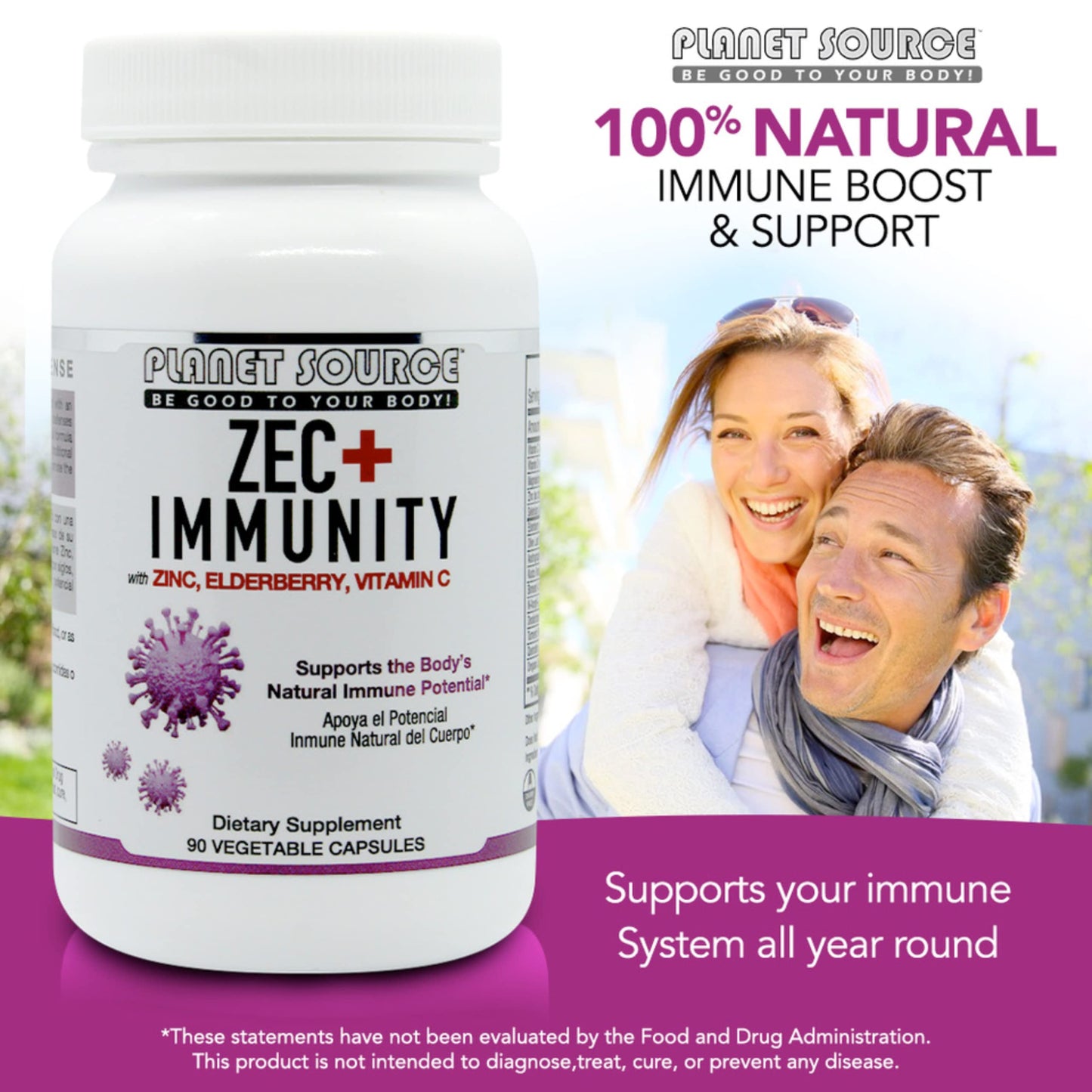 Planet Source ZEC+ Immunity Adult Vitamins with Zinc, Elderberry, and Vitamin C - Natural Elderberry Immune Support Veggie Capsules, 90 Count