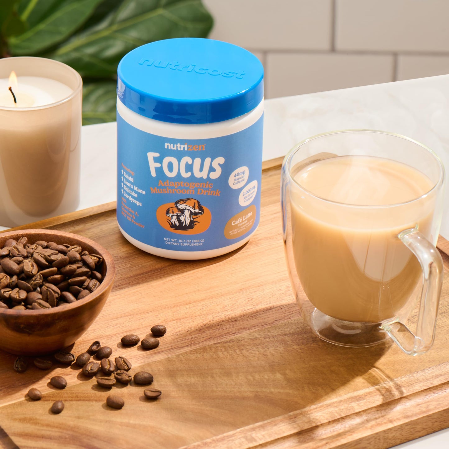 Nutricost Nutrizen AM Focus Adaptogenic Mushroom Drink (Cafe Latte) Powder 10.3 Ounce