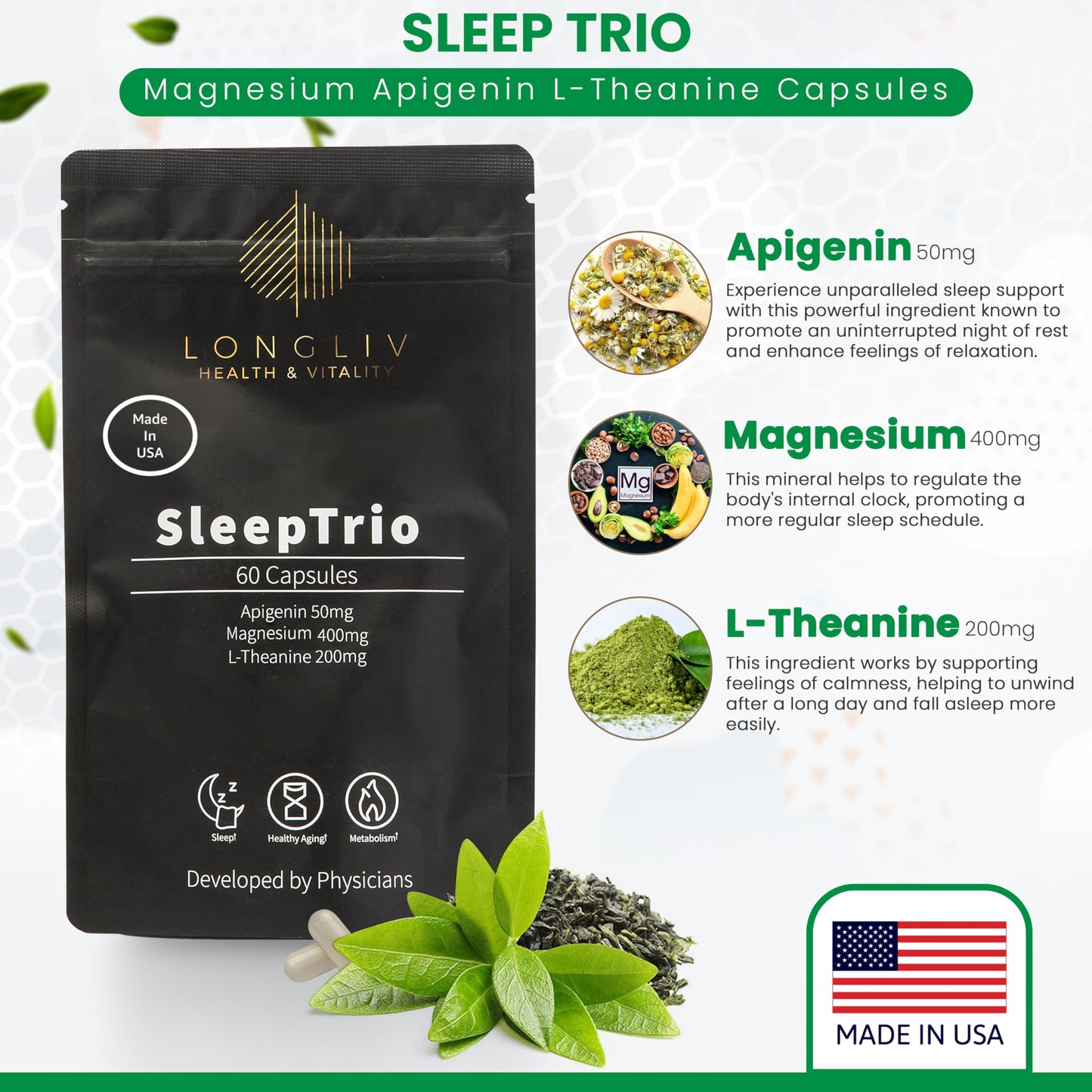 LongLiv Health and Vitality Sleep Trio Magnesium Apigenin L-Theanine Capsules, 60 Capsules