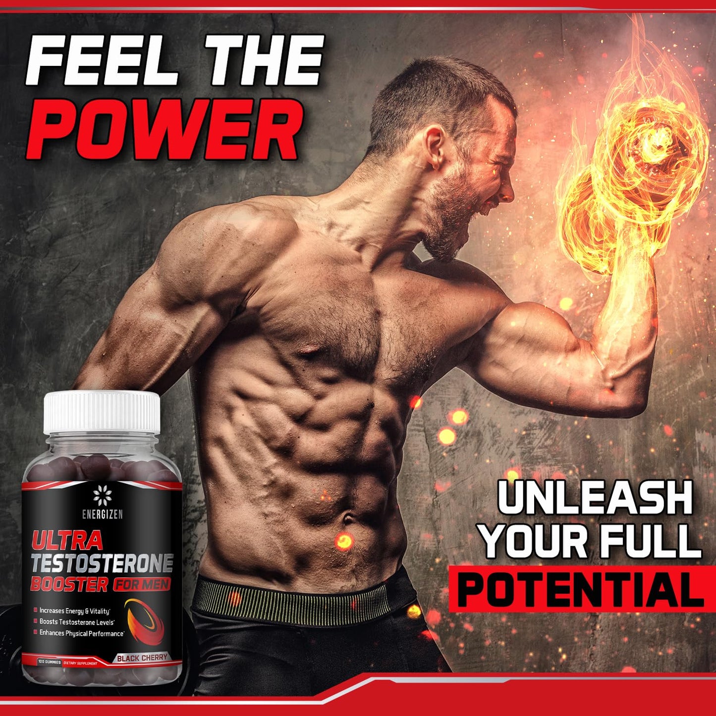Energizen 8in1 Testosterone Booster for Men with Tongkat Ali, Fenugreek, Ashwagandha and Magnesium - Improve Libido & Hormonal Balance, Non-GMO Made in the USA, Black Cherry, 120 Count Gummies