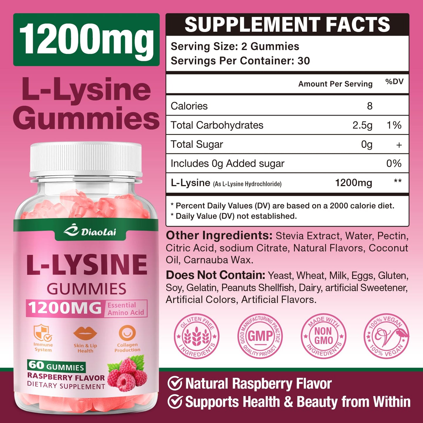 DIAOLAI L-Lysine 1200mg Gummies, 120 Count
