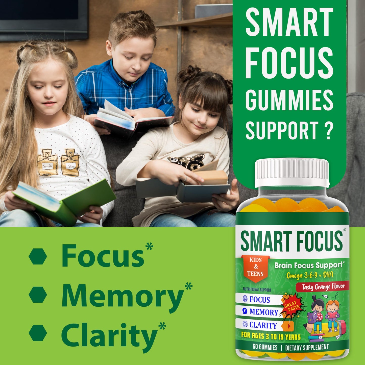 Generic Smart Focus Gummies for Kids & Teens Omega-3 DHA, 60 Gummies