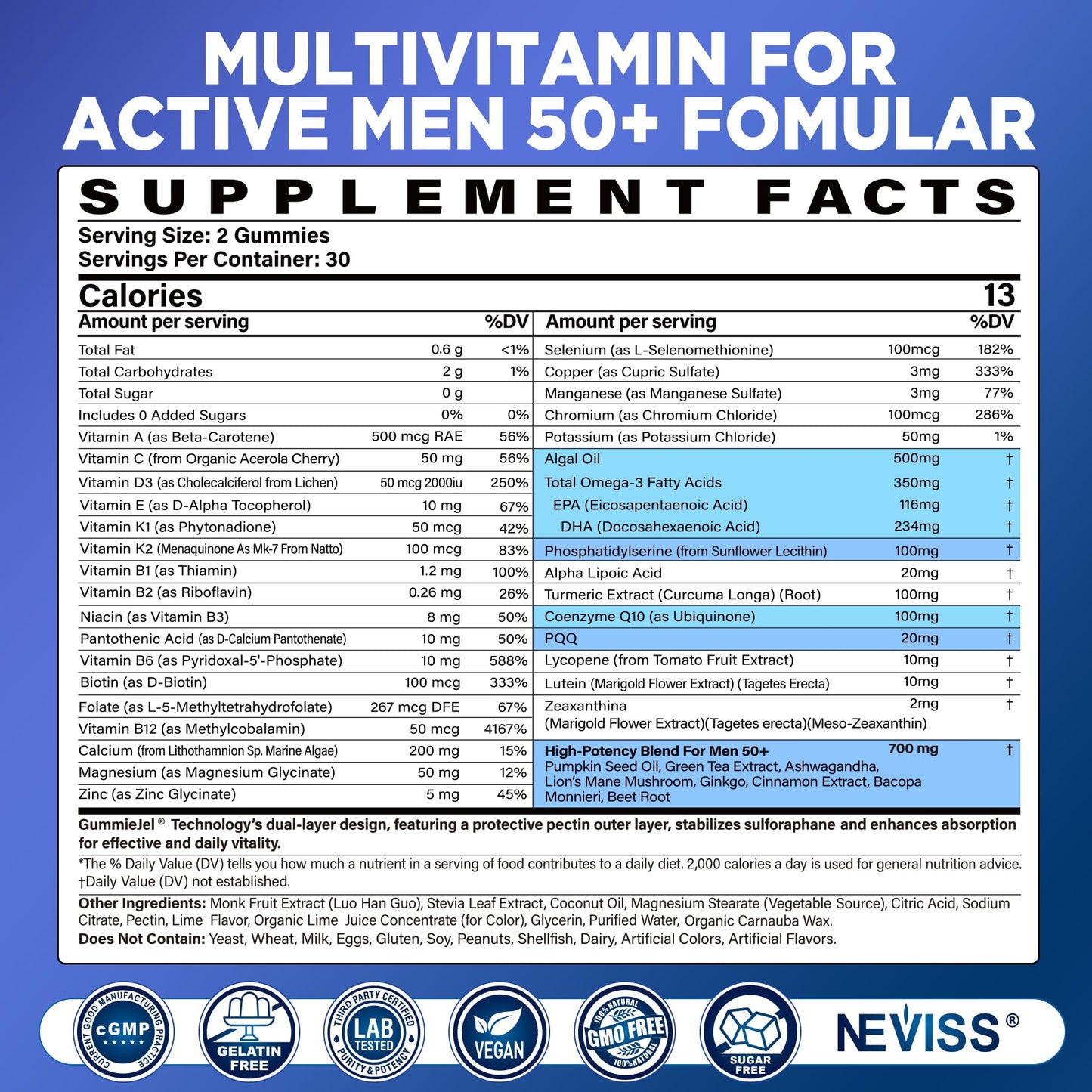 NEVISS Men's 50 Plus Multivitamin Gummies, 60 Count
