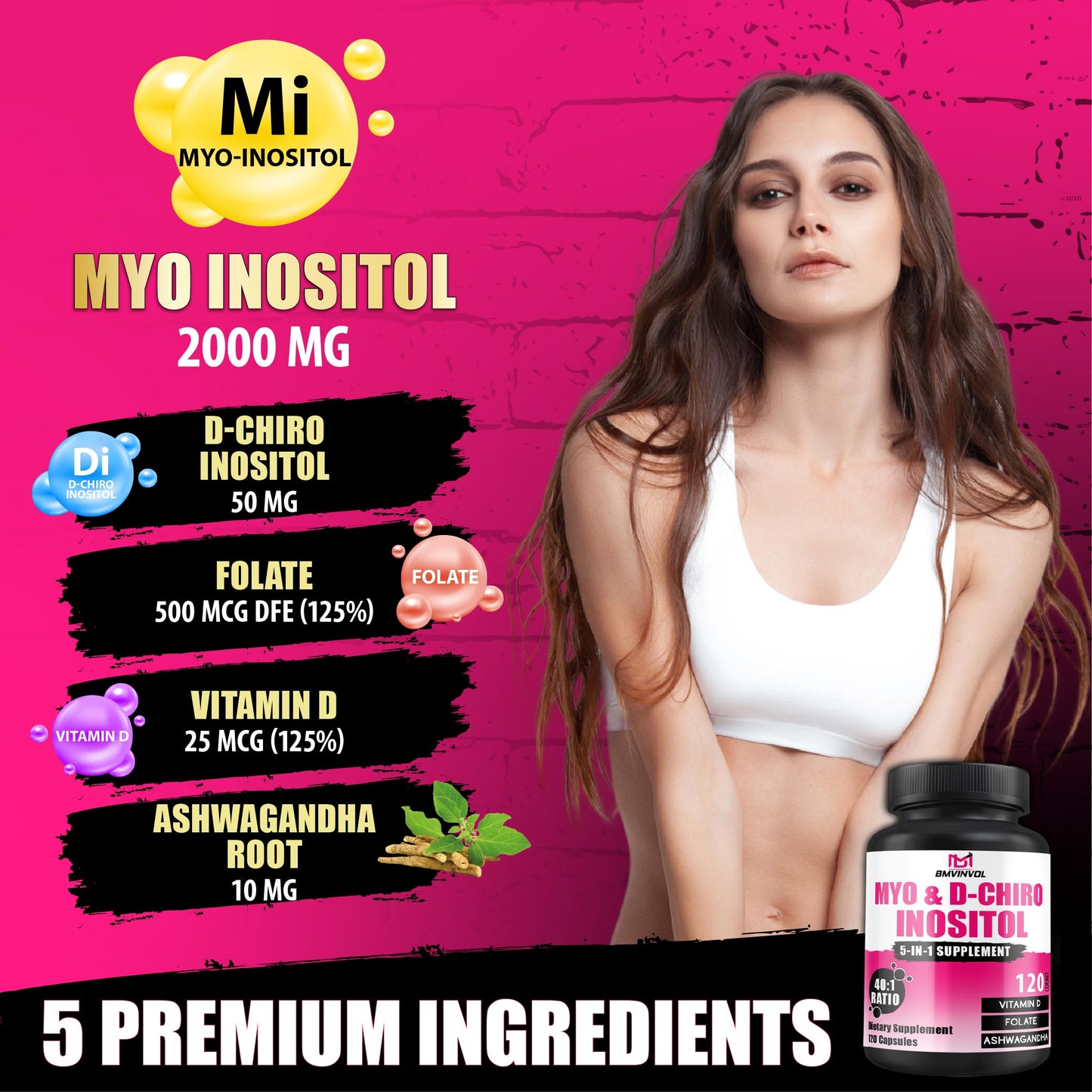 BMVINVOL Myo-Inositol & D-Chiro Inositol Capsules, 2,050mg, with Folate, Vitamin D, Hormone Balance & Ovarian Support for Women, 40:1 Ratio, 120 Capsules