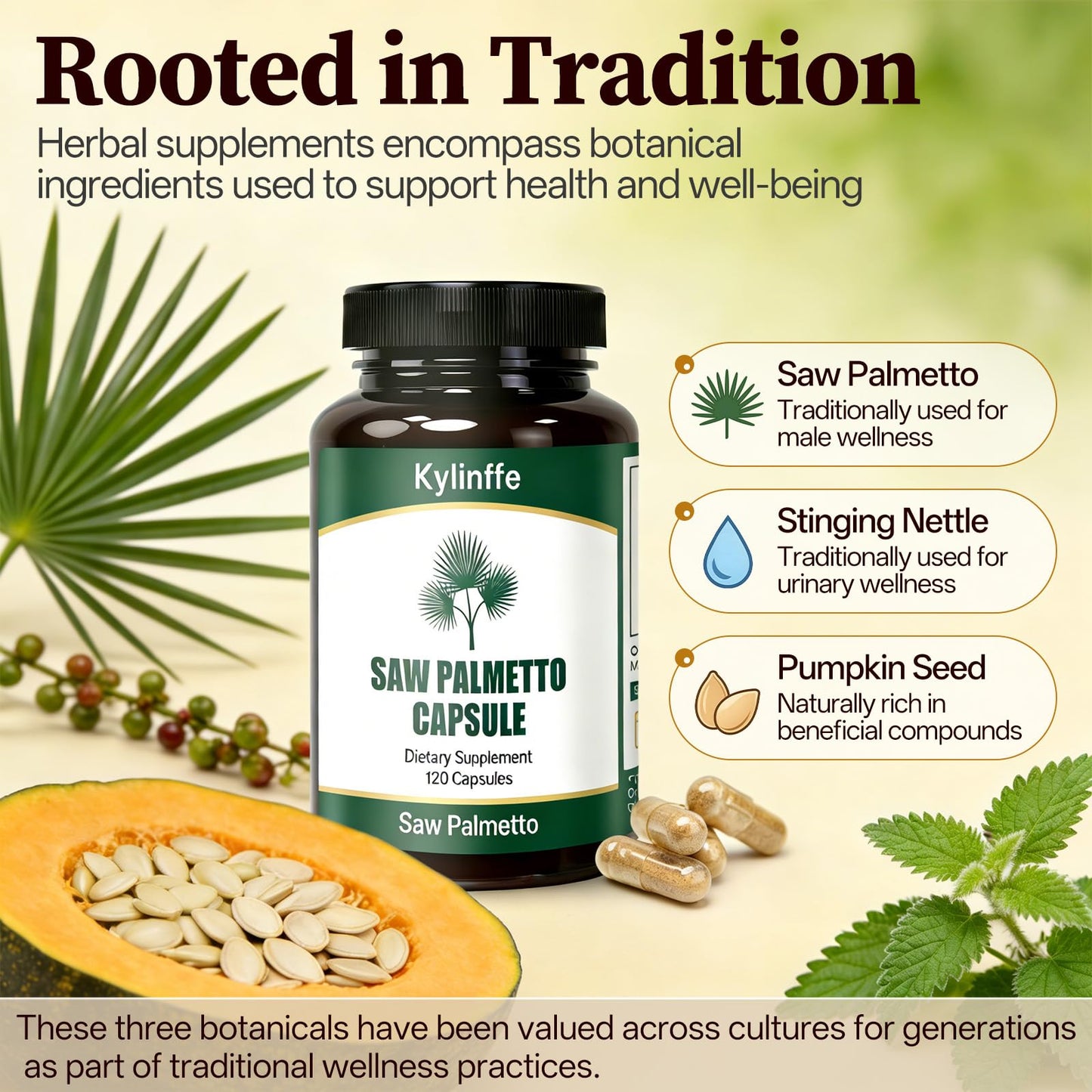 Oopeatol Saw Palmetto Extract for Men 500mg with 45% Fatty Acids 3-in-1 Herbal Formula Nettle Leaf & Pumpkin Seed for Men's Prostate Wellness Vegan Non-GMO Gluten Free 120 Capsules