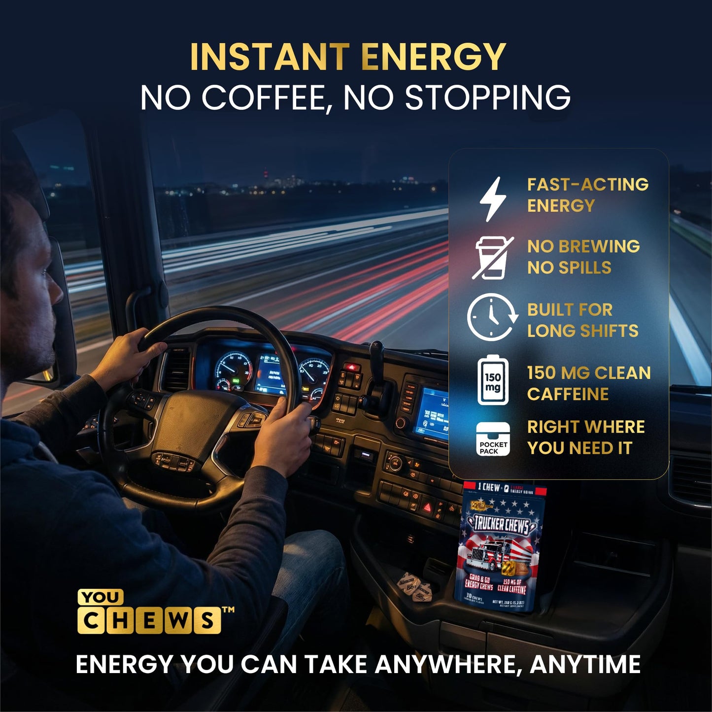 YouChews Trucker Chews Energy Bites Chews, 150mg Caffeine, No Jitters, 30 Count