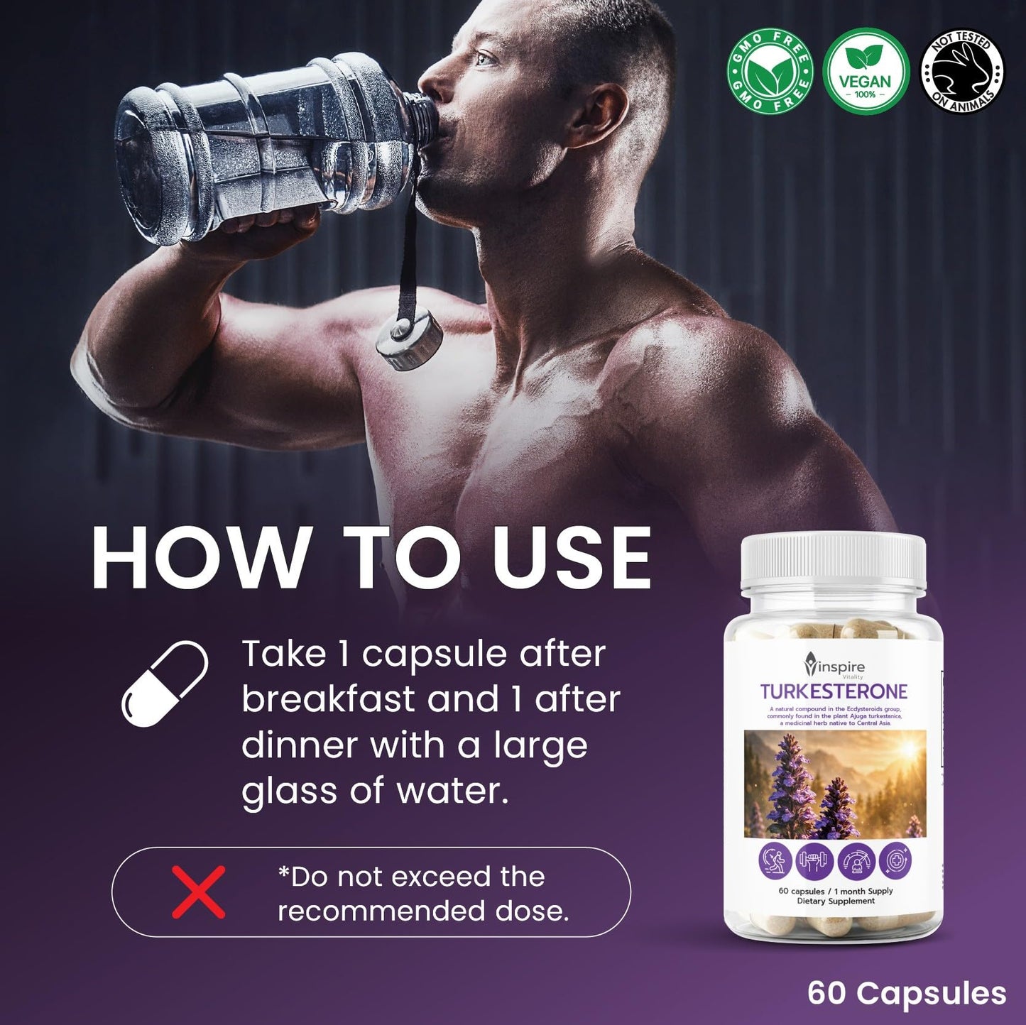 Inspire Vitality LLC Turkesterone Capsules Pure 500mg Natural Ajuga Turkestanica Extract Ecydysterone, Non-GMO, 60 Capsules
