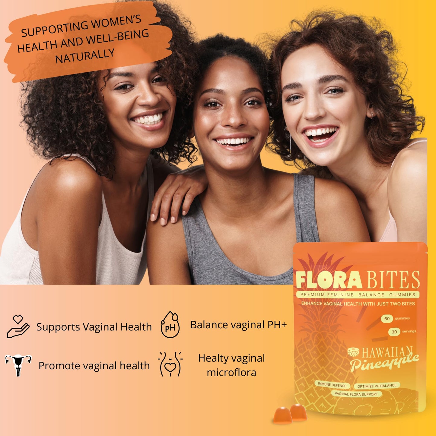 Flora Bites Feminine Balance Gummies – pH Balance & Yeast Infection Support, Hawaiian Pineapple Flavor, 60 Gummies