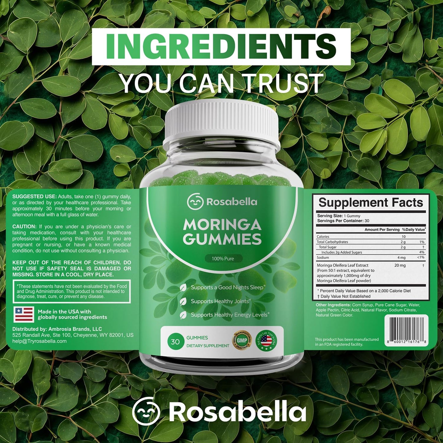 Rosabella Moringa Gummies Moringa Leaf Extract 1000mg Equivalent Per Serving, Natural Energy & Balance, Non-GMO, Gluten-Free, 30 Count