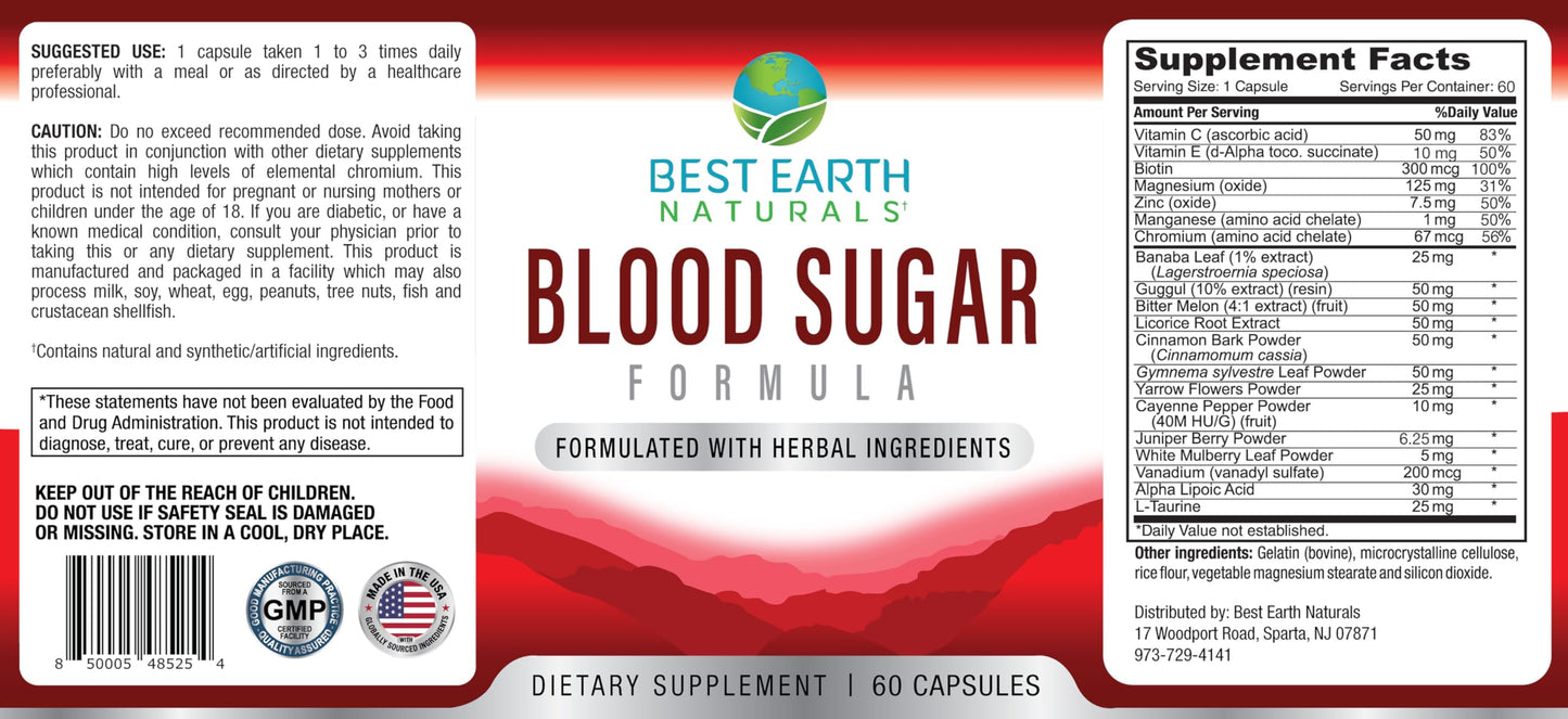 Best Earth Naturals Blood Sugar Formula with Cinnamon, Gymnema Sylvestre, Banaba, Guggul and More Capsules, 60 Capsules