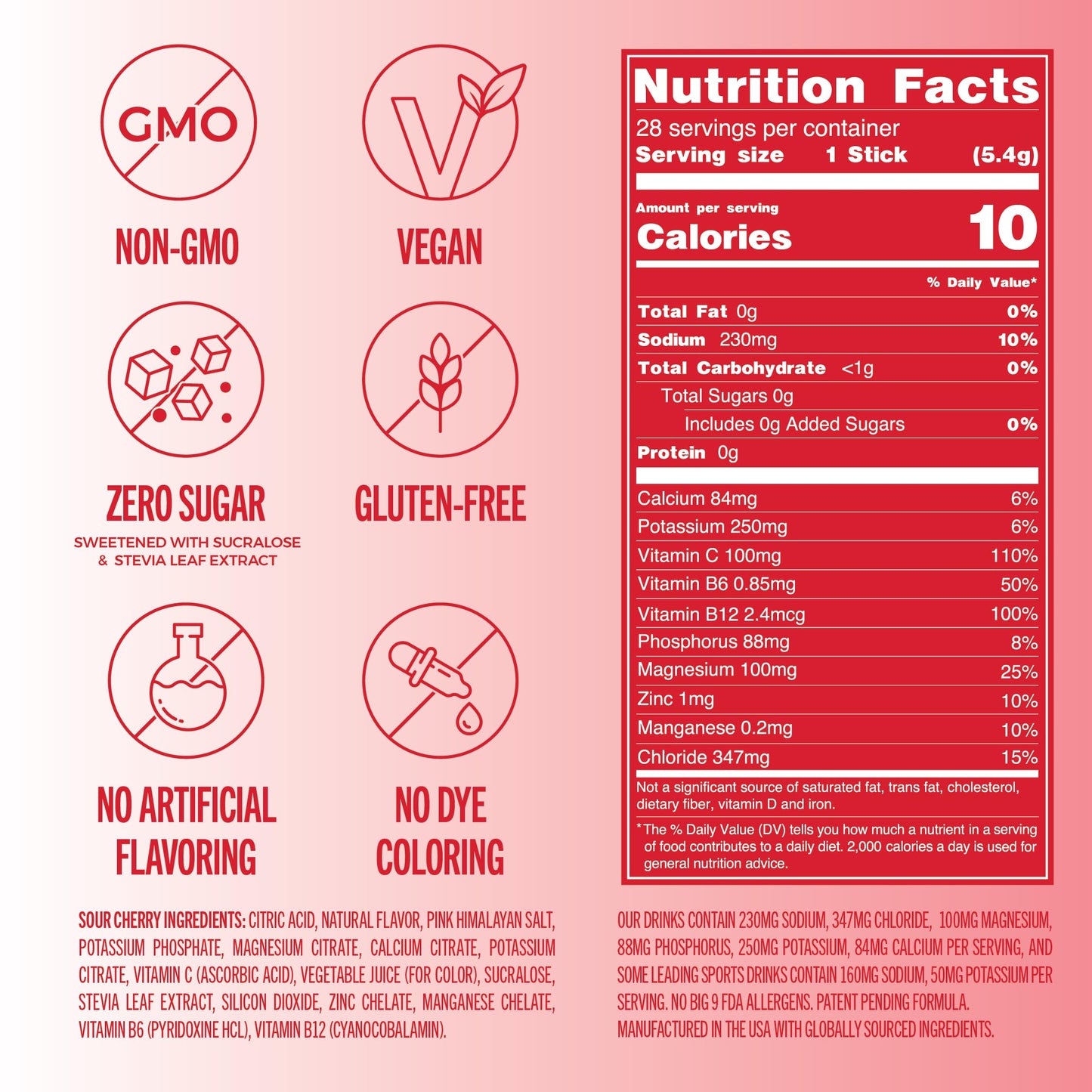 TREVI Electrolytes Powder Packets Sugar Free Hydration Sour Cherry, 28 Servings