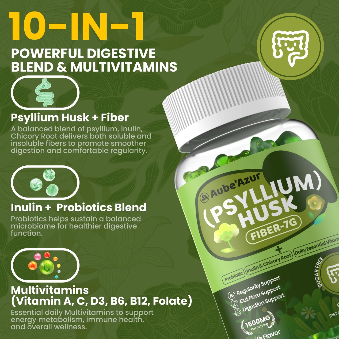 Aube'Azur Psyllium Husk Fiber Gummies, Digestive & Regularity Gummy 60