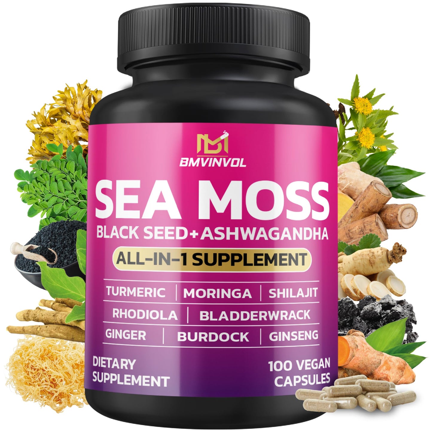 BMVINVOL Sea Moss Black Seed Shilajit Ashwagandha + Bladderwrack, Ginger, Moringa, Turmeric, Burdock, Ginseng, Rhodiola Rosea, 100 Capsules