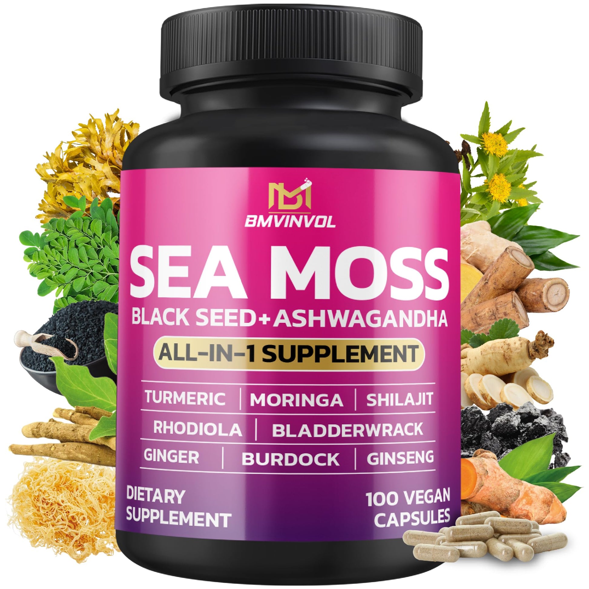 BMVINVOL Sea Moss Black Seed Shilajit Ashwagandha + Bladderwrack, Ginger, Moringa, Turmeric, Burdock, Ginseng, Rhodiola Rosea, 100 Capsules