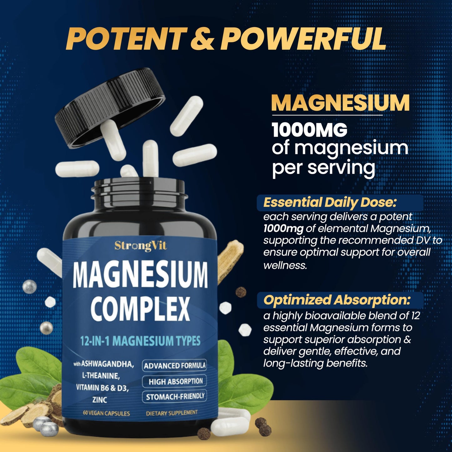 StrongVit 1000mg Magnesium Complex for Women and Men, 12 in 1 Magnesium Supplement with Ashwagandha, Zinc, D3, L-theanine Capsule 60 Count