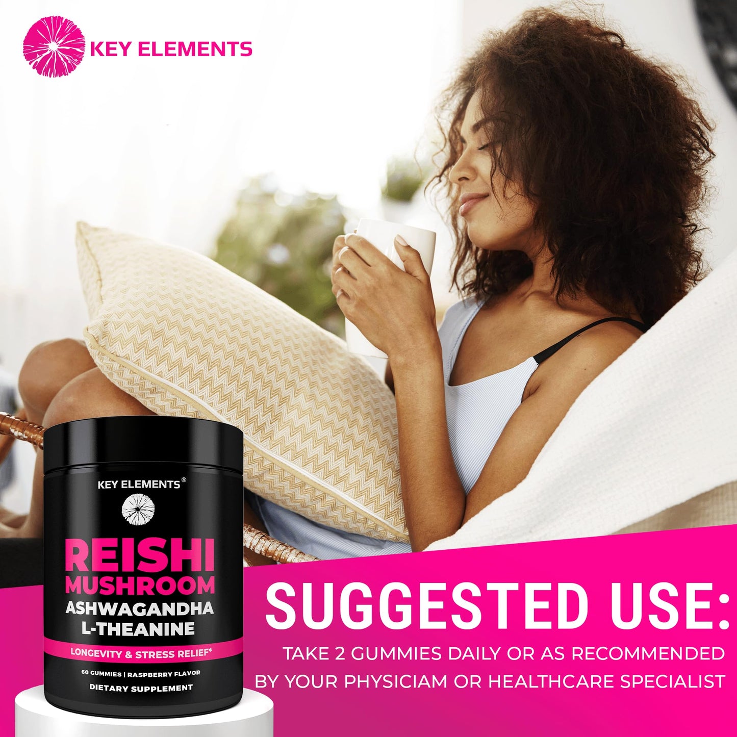 KEY ELEMENTS Natural Reishi Mushroom Gummies with L-Theanine & Ashwagandha, 60 Count