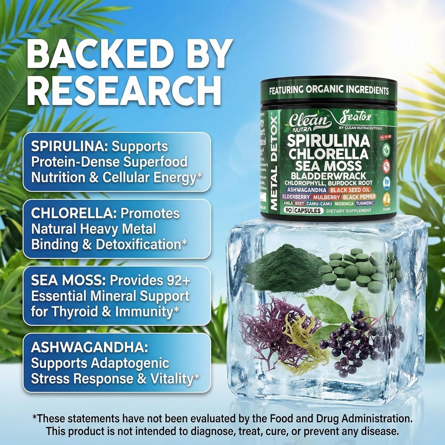 Clean Nutraceuticals Sea Tox Organic Spirulina and Chlorella Capsules, 90 Capsules