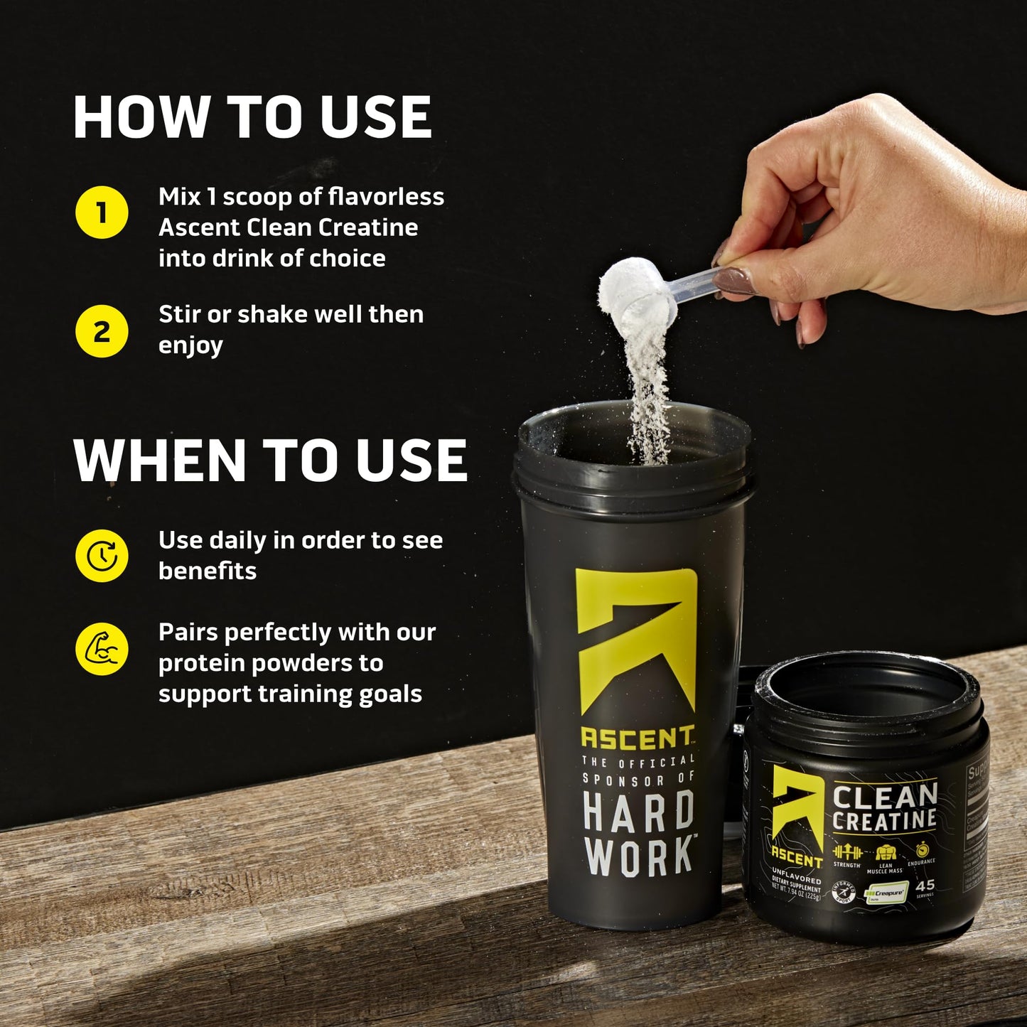 Ascent Clean Creatine Monohydrate, Creapure, Unflavored Powder, 45 Servings