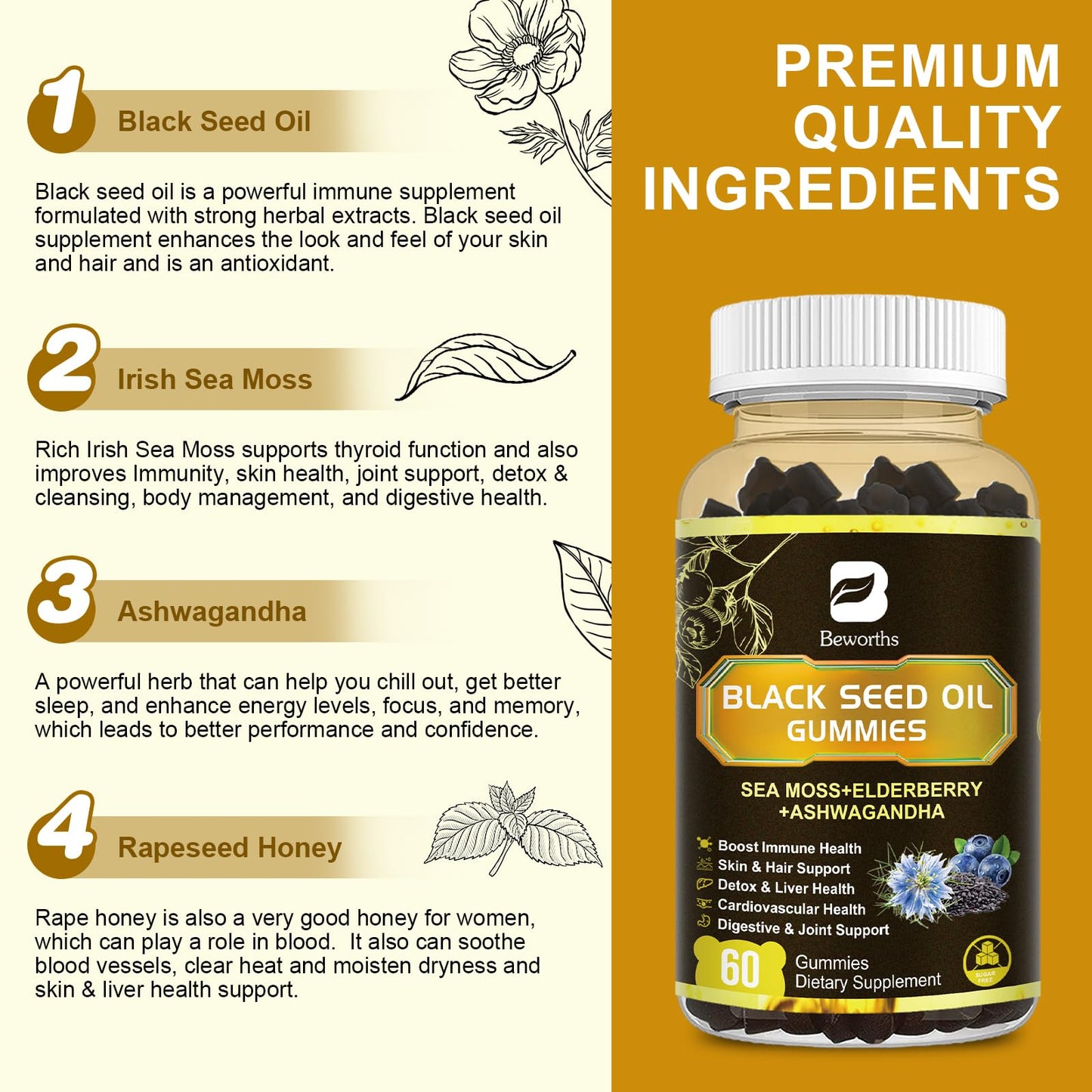 B BEWORTHS Black Seed Oil & Sea Moss Gummies 120 Count