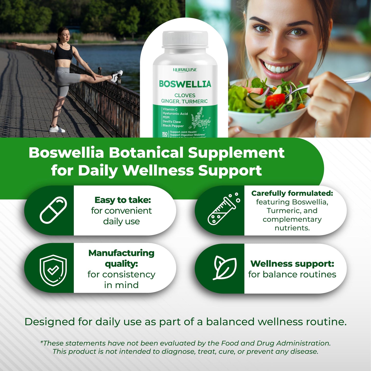 NURAFUSE Boswellia with Cloves, Ginger, Turmeric, Vitamin C, Hyaluronic Acid, MSM, Devil's Claw Capsules 150