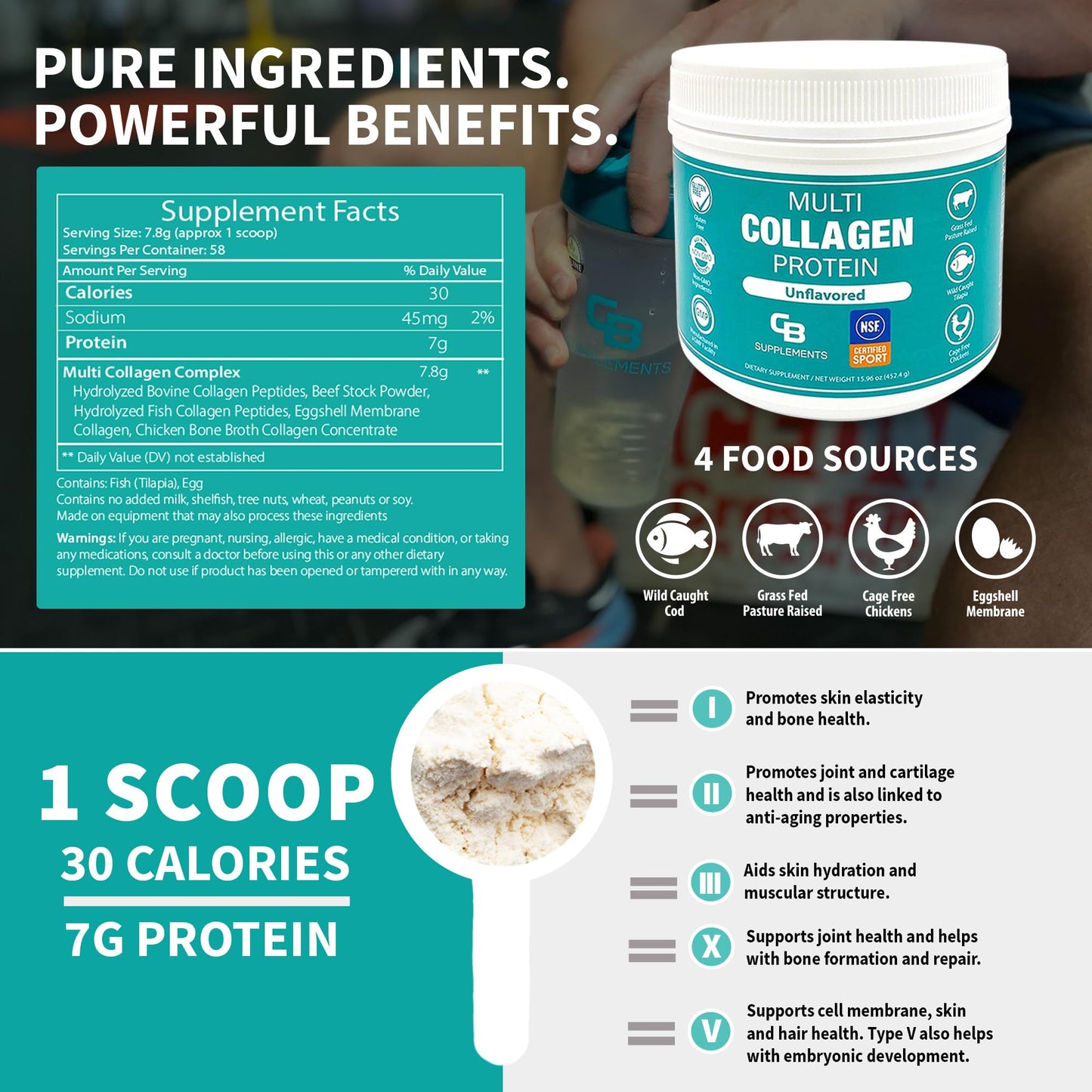 CB Supplements NSF Certified for Sport Multi Collagen Protein Powder, 15.9 oz